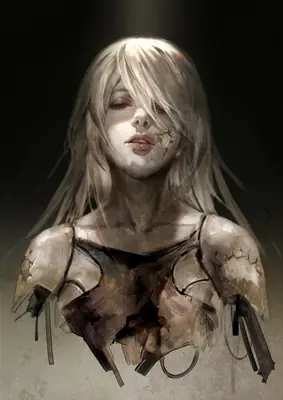 Digital illustration of 2B (YoRHa No.2 Type B) from NieR: Automata with a cracked white mask and damaged armor.