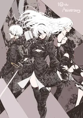 Fan art of 2B (YoRHa No.2 Type B) from NieR: Automata, depicted with white hair and a black dress in a dynamic pose.