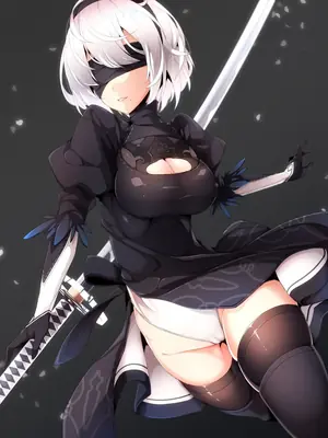Fan art of 2B (YoRHa No.2 Type B) from NieR: Automata, depicted in a gothic-lolita style with a blindfold and sword.