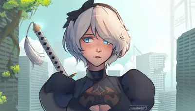 2B (YoRHa No.2 Type B) from NieR: Automata stands in a post-apocalyptic cityscape with overgrown trees and ruined buildings.