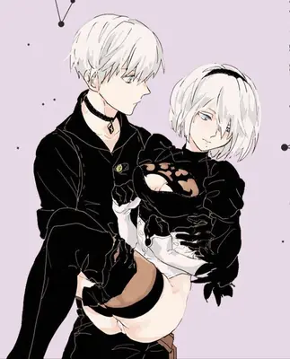 Fan art of 2B (YoRHa No.2 Type B) and 9S from NieR: Automata, depicted in a close embrace against a pale lavender background.