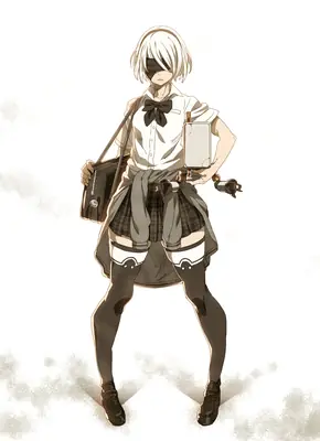 Fan art of 2B (YoRHa No.2 Type B) from NieR: Automata wearing a school uniform with a blindfold and combat gear.