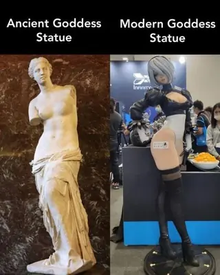 A side-by-side comparison showing the Venus de Milo statue labeled 'Ancient Goddess Statue' and a 2B cosplay figure from NieR: Automata labeled 'Modern Goddess Statue'.