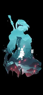 Digital illustration of 2B (YoRHa No.2 Type B) from NieR: Automata, depicted as a glowing silhouette with layered environmental elements.