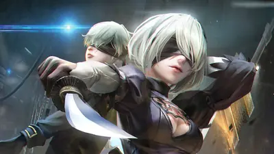 Fan art of 2B and 9S from NieR: Automata, featuring both characters in combat stances with swords and blindfolds.