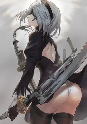 Fan art of 2B (YoRHa No.2 Type B) from NieR: Automata, depicted in a gothic-lolita style with a blindfold and dual swords.