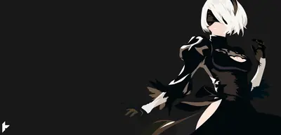 2B (YoRHa No.2 Type B) from NieR: Automata depicted in a stylized digital illustration with black gothic-lolita attire and blindfold against a dark background.