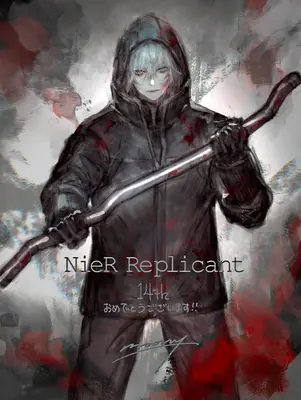 Digital illustration of 2B (YoRHa No.2 Type B) from NieR: Automata wearing a dark hooded outfit with a blindfold and holding a sword.