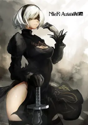 2B (YoRHa No.2 Type B) from NieR: Automata depicted in a gothic-lolita black dress with blindfold, holding a sword against a smoky, post-apocalyptic backdrop.