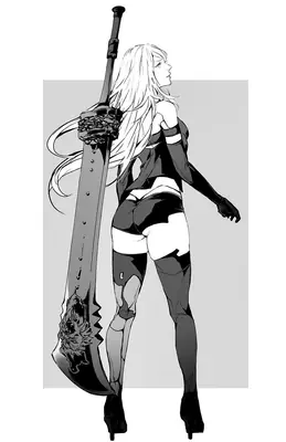 Black and white digital illustration of 2B (YoRHa No.2 Type B) from NieR: Automata, standing with a large sword over her shoulder.
