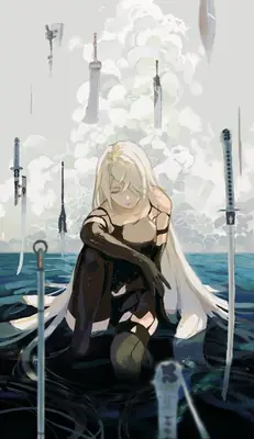 Fan art of 2B (YoRHa No.2 Type B) from NieR: Automata, depicted sitting in water surrounded by floating swords.