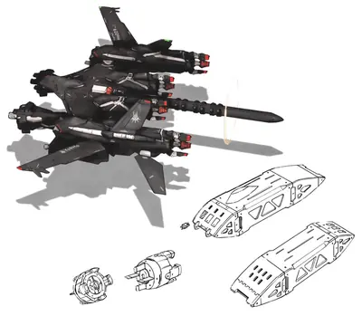 Concept art of a black combat aircraft from NieR: Automata, with mechanical components and line drawings.