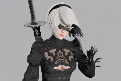 Fan art of 2B (YoRHa No.2 Type B) from NieR: Automata, depicted with white hair, a black blindfold, and a gothic-lolita style combat dress, holding a sword.