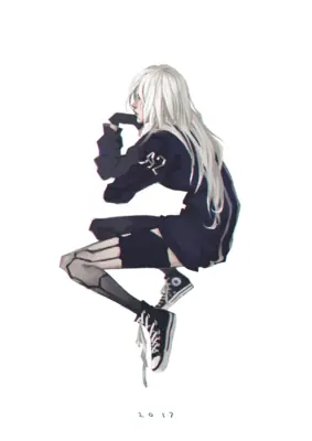 Fan art of 2B (YoRHa No.2 Type B) from NieR: Automata wearing a dark sweatshirt and sneakers, depicted in a dynamic pose against a white background.