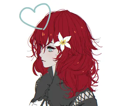 Fan art of 2B from NieR: Automata with red hair, a white flower, and a heart outline.