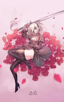 Fan art of 2B (YoRHa No.2 Type B) from NieR: Automata, depicted lying among red roses with a sword, wearing her signature black dress and blindfold.