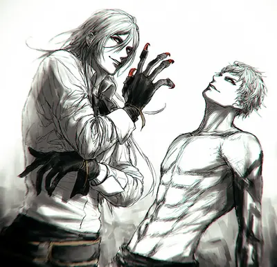 Fan art illustration of 2B and 9S from NieR: Automata, featuring a dramatic interaction between the two characters.