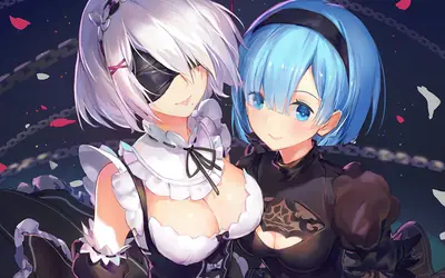 Digital illustration of 2B (YoRHa No.2 Type B) and Rem from NieR: Automata standing together in a gothic-lolita style outfit.