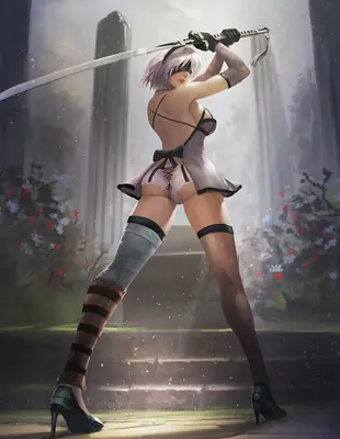 Fan art of 2B (YoRHa No.2 Type B) from NieR: Automata, depicted in a gothic-lolita outfit with a blindfold and sword in a post-apocalyptic setting.