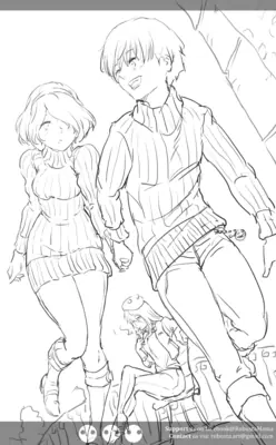 Line art of 2B (YoRHa No.2 Type B) and 9S from NieR: Automata holding hands in a post-apocalyptic setting.