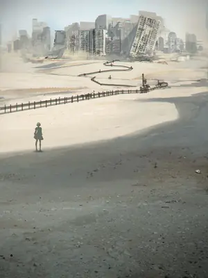 A digital illustration of 2B (YoRHa No.2 Type B) standing on a desolate beach with ruined cityscape in the background, from NieR: Automata.