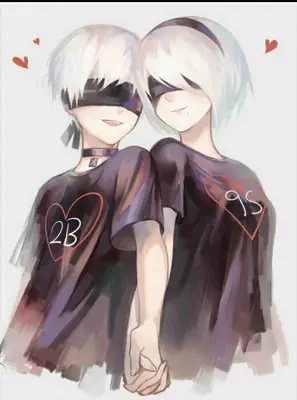 Fan art of 2B and 9S from NieR: Automata, featuring both characters with blindfolds and black t-shirts with heart designs.