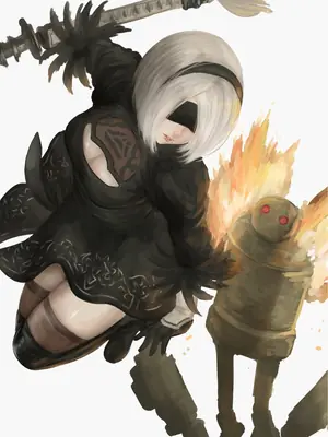 Fan art of 2B (YoRHa No.2 Type B) from NieR: Automata wielding a sword in combat against a robot enemy.