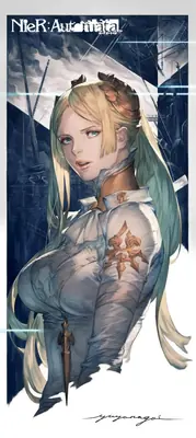 Fan art of 2B (YoRHa No.2 Type B) from NieR: Automata wearing a gothic-lolita style outfit with a blindfold and sword in a post-apocalyptic setting.