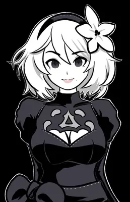 Black and white digital illustration of 2B (YoRHa No.2 Type B) from NieR: Automata, featuring a flower in her hair and a gothic-lolita outfit.