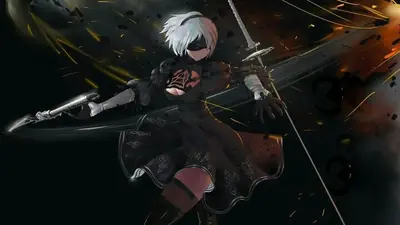 Fan art of 2B (YoRHa No.2 Type B) from NieR: Automata in a dynamic combat pose with a sword and gun, set against a dark, explosive background.