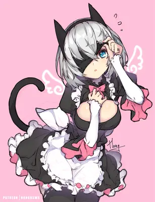 2B (YoRHa No.2 Type B) from NieR: Automata depicted in a gothic-lolita maid outfit with cat ears and tail against a pink background.