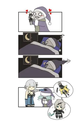 Chibi-style fan art of 2B (YoRHa No.2 Type B) from NieR: Automata wearing a nightcap and sleeping, with a small figure of 9S in her hands.