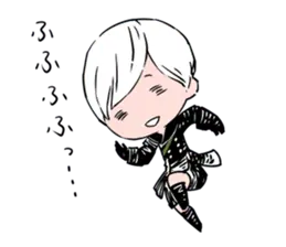 Chibi-style fan art of 2B (YoRHa No.2 Type B) from NieR: Automata, depicted in a dynamic running pose with white hair and black combat outfit against a solid background.