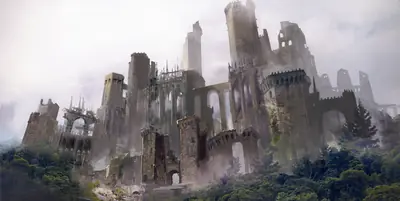 A digital illustration of a post-apocalyptic cityscape with crumbling stone towers and overgrown greenery from NieR: Automata.