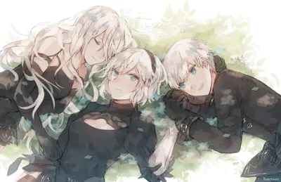 Fan art of 2B (YoRHa No.2 Type B) and 9S from NieR: Automata resting together in a serene forest setting with soft lighting and gentle expressions.