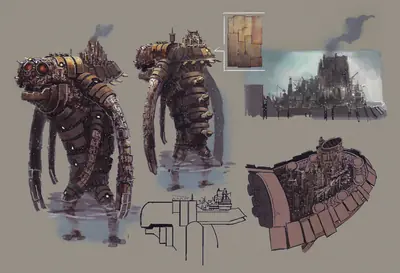 Concept art of mechanical creatures and a cityscape from NieR: Automata, featuring large robotic entities in a post-apocalyptic environment.