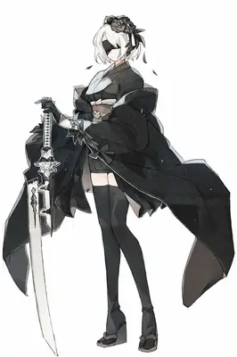 2B (YoRHa No.2 Type B) from NieR: Automata depicted in a gothic-lolita style outfit with a blindfold and sword, standing against a white background.