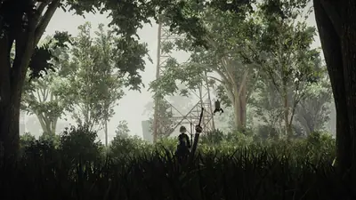 2B (YoRHa No.2 Type B) stands in a misty forest from NieR: Automata, surrounded by overgrown trees and a rusted tower.