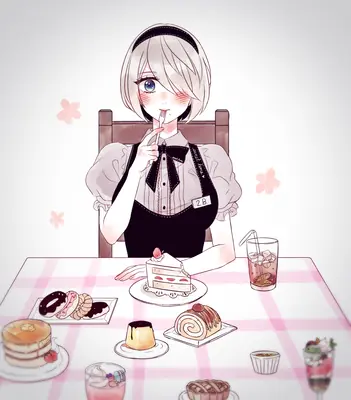 2B (YoRHa No.2 Type B) from NieR: Automata sitting at a table with desserts and drinks, wearing a gothic-lolita outfit.