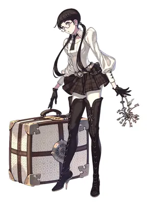 2B (YoRHa No.2 Type B) from NieR: Automata depicted in a gothic-lolita style outfit with a suitcase and keys.