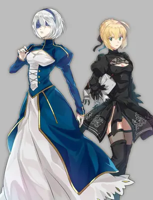 Fan art of 2B (YoRHa No.2 Type B) from NieR: Automata standing beside a blonde character in a black gothic outfit.