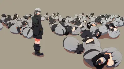 2B (YoRHa No.2 Type B) stands in a desolate field surrounded by numerous fallen android units, from the video game NieR: Automata.
