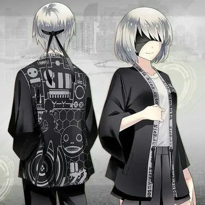 Fan art of 2B (YoRHa No.2 Type B) from NieR: Automata wearing a black gothic-lolita style jacket with circuit patterns and a blindfold.