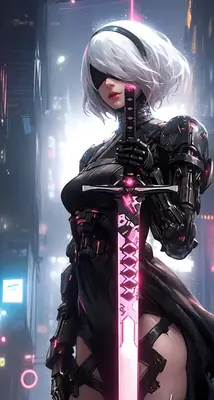 2B (YoRHa No.2 Type B) from NieR: Automata stands with a glowing pink sword in a futuristic, neon-lit cityscape.