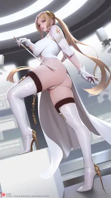 Fan art of 2B (YoRHa No.2 Type B) from NieR: Automata, depicted in a white dress with high heels and a blindfold.