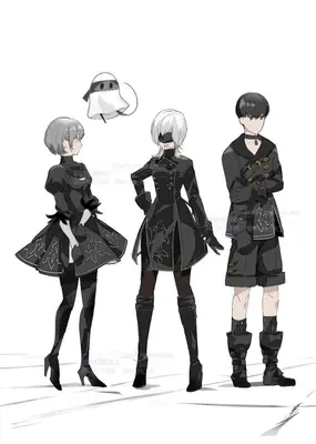 Fan art of 2B (YoRHa No.2 Type B) from NieR: Automata, depicted in a black gothic-lolita dress with a blindfold and high heels, alongside other characters.