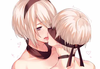 Fan art of 2B (YoRHa No.2 Type B) from NieR: Automata embracing 9S with a blindfold, depicted in a digital illustration style.