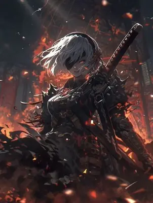 Fan art of 2B (YoRHa No.2 Type B) from NieR: Automata standing amidst a fiery post-apocalyptic ruin with a sword.