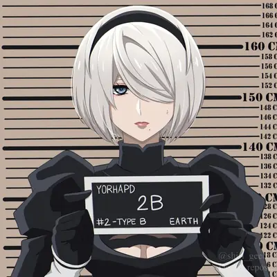 2B (YoRHa No.2 Type B) from NieR: Automata standing in a mugshot pose holding a sign with her designation.