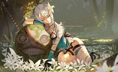 Fan art of 2B (YoRHa No.2 Type B) from NieR: Automata resting beside a damaged robot in a post-apocalyptic forest with white flowers.